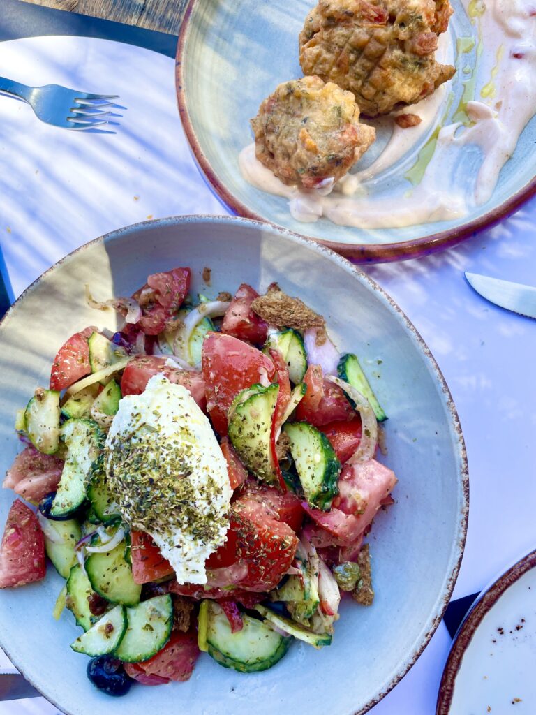 Greek salad and tomato fritters