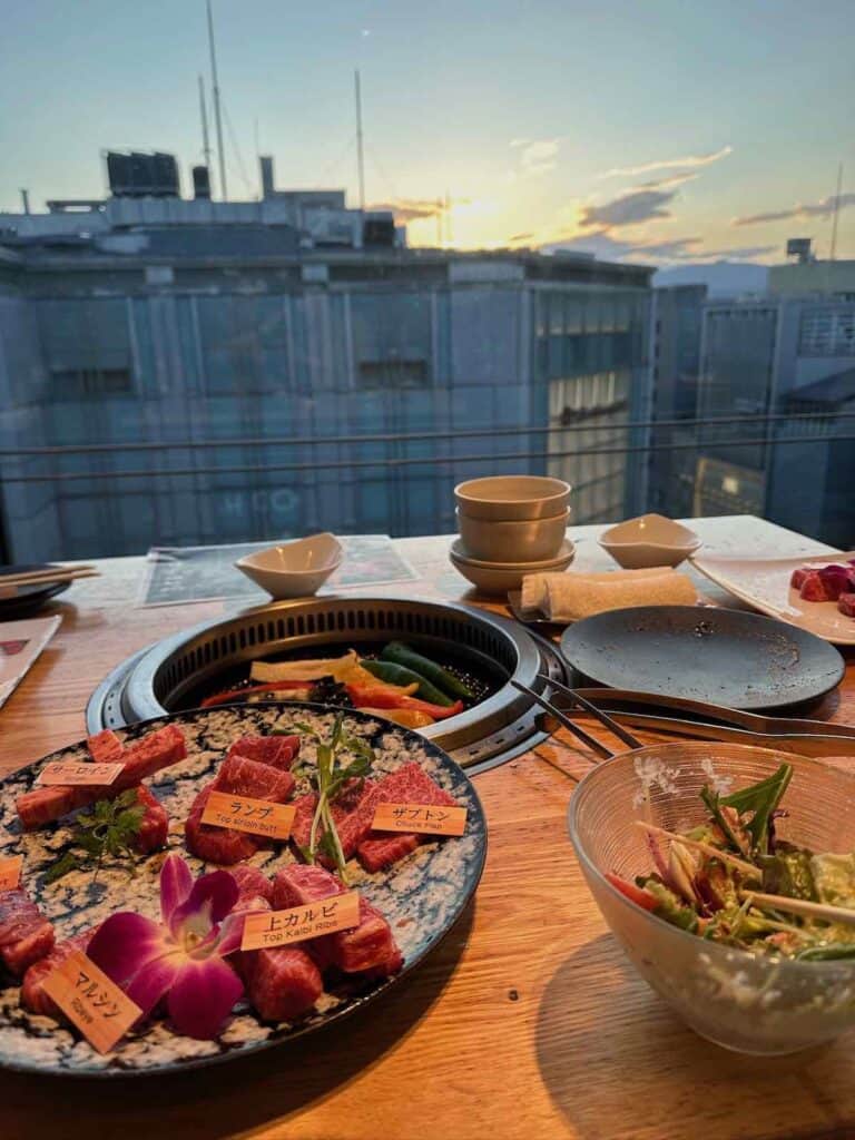 barbecue meats with a view of Kyoto